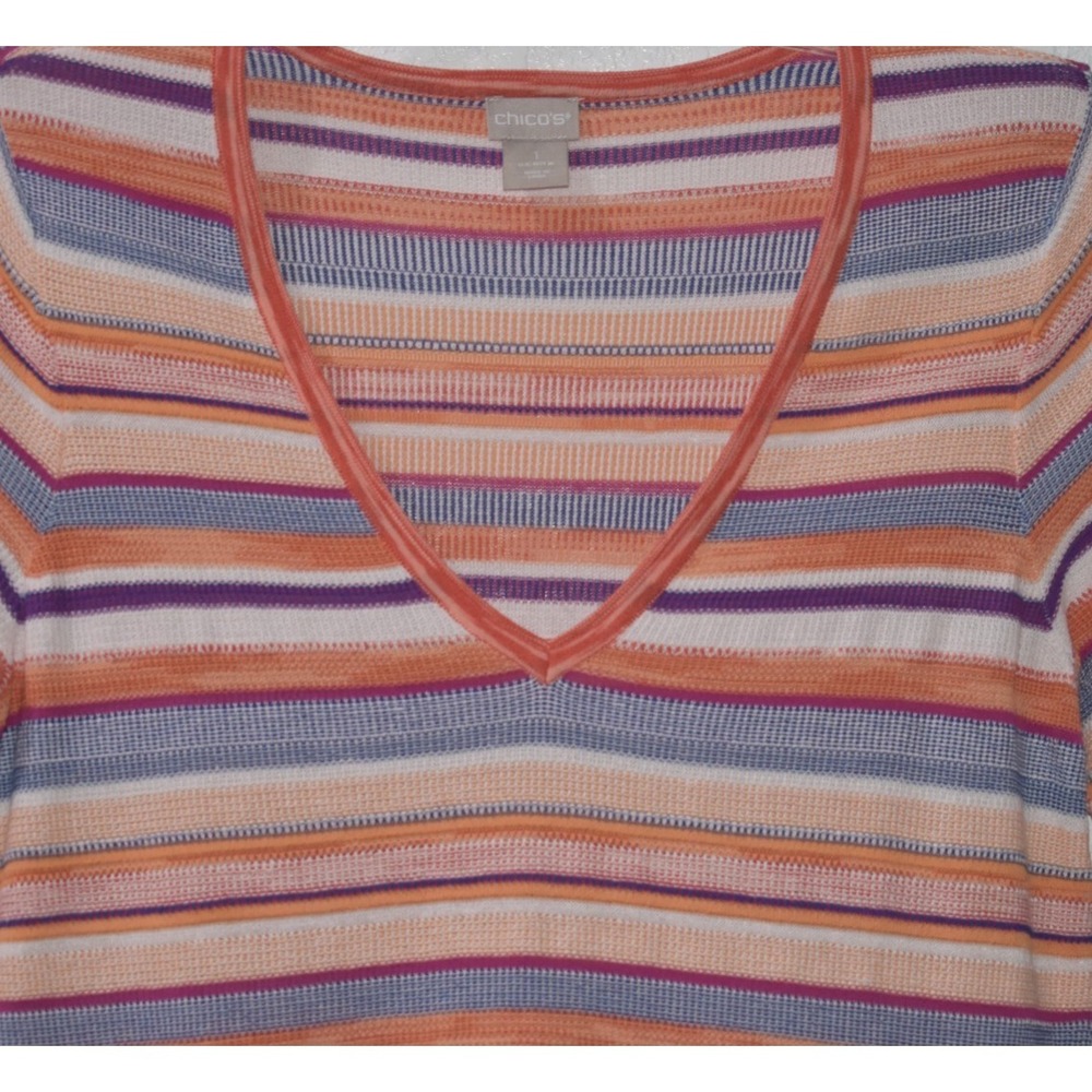 Chicos Linen Blend Top 1/Medium Colorful Stripes V-Neck 3/4 Sleeves Lightweight - Picture 16 of 16